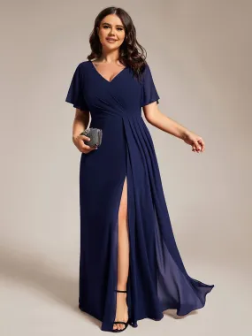 Plus Size High Slit V-Neck Empire Waist Chiffon Bridesmaid Dress