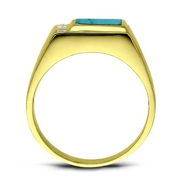 Real Fine 14K Yellow Gold Turquoise Mens Ring with 0.06ct Natural 3 Diamonds