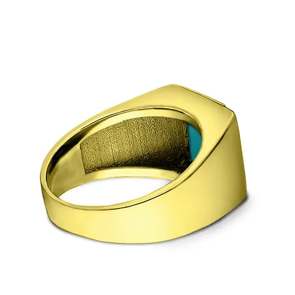 Real Fine 14K Yellow Gold Turquoise Mens Ring with 0.06ct Natural 3 Diamonds