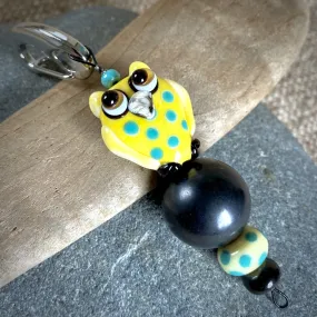 Shungite Owl Clip-on, Yellow & Turquoise, Artisan Lampwork Glass Bead