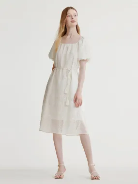 Square Neck Embroidered Midi Dress With Belt