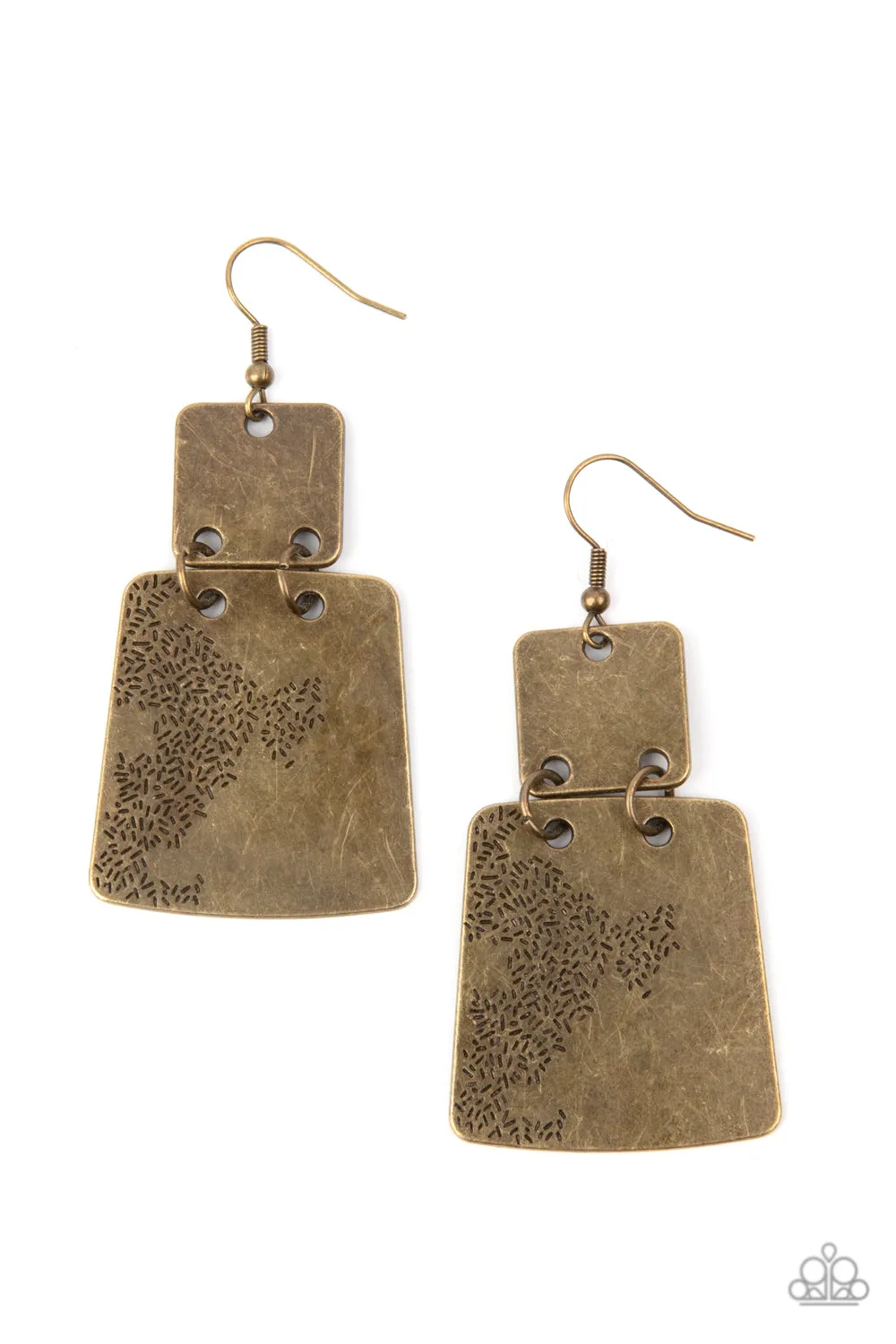 Tagging Along - Brass Paparazzi Earrings